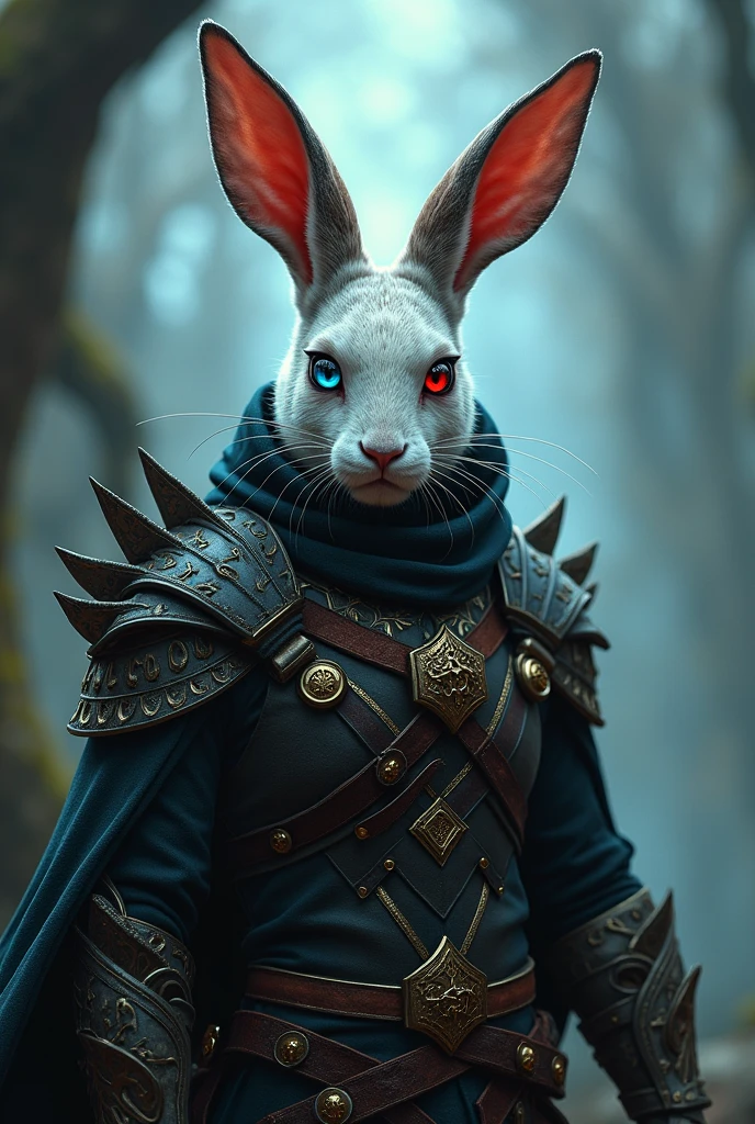 DND Harengon bunny kin warlock rogue with mismatched eyes and hand of vecna