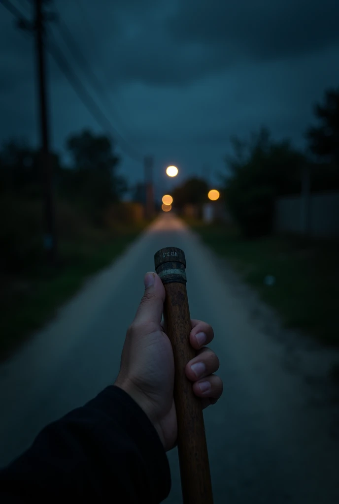 Back camera a hand carry a stick in front of local road no body show in night 


