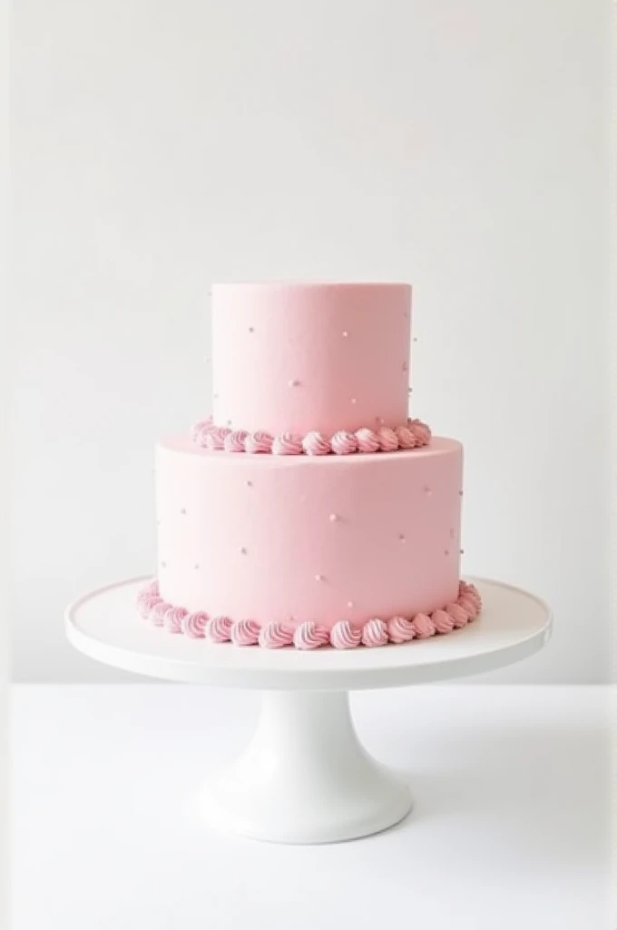 Realistic two-tier pink cake on a white background and on a white stand.