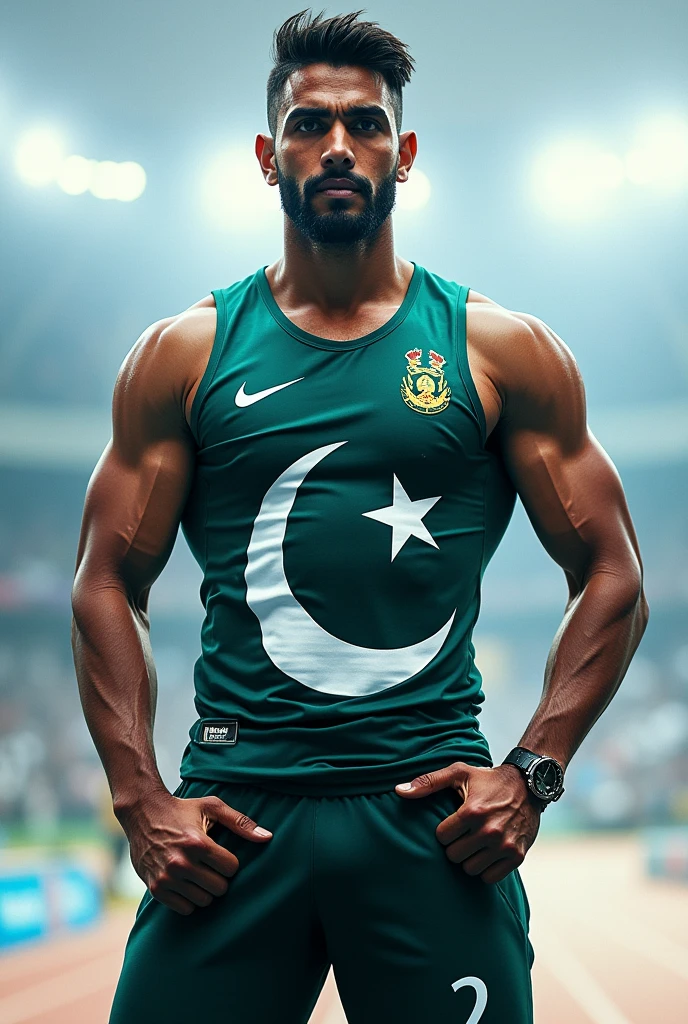 I want a post of 50×50 inch. The post must include arshad nadeem's pic who currently wins gold in javelin throw in paris olympics 2024. Mention his record throw 92.97 must be mentioned in bold. Mentions pakistan's logo in his sando and make a real post of colour theme black and sky blue.