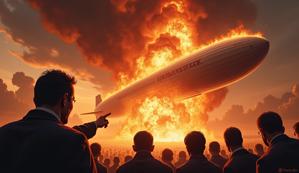 "Design a dramatic and compelling thumbnail for a video about the Hindenburg Disaster. The scene features the iconic airship engulfed in flames, captured mid-explosion, with dark, smoky clouds swirling around. According to the frame there should be a Shocking Reaction Man closeup Who is pointing out the airship,The background should show a fiery, intense sky with shades of red, orange, and black to highlight the chaos. In the foreground, add a few shocked onlookers with their faces partially illuminated by the flames. The Text 'The Hindenburg Disaster: A Tragic Fall' should be same prominently displayed at the top of the frame in bold, metallic letters, slightly tilted, with a subtle fiery glow effect to enhance the urgency and impact of the image." image should be generate cristle clear and in detailed 4k image , illustration