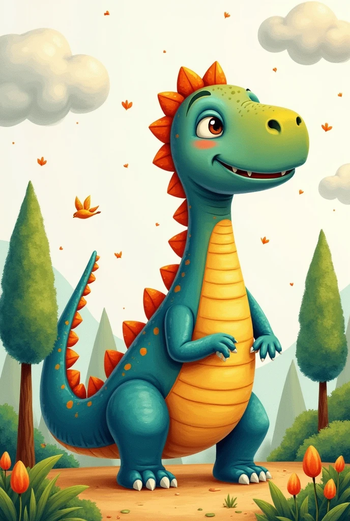 COLORFUL DRAWING OF CUTE DINOSAUR WITH TREES IN THE BACKGROUND and clouds