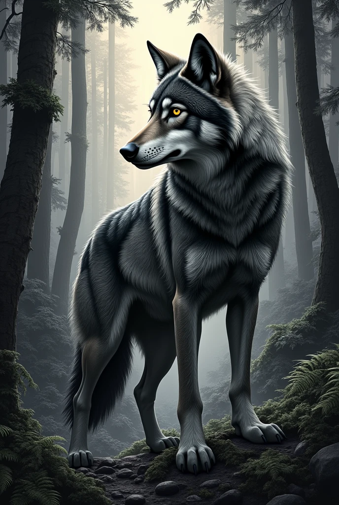 Wolf in the background of a forest in tattoo style 