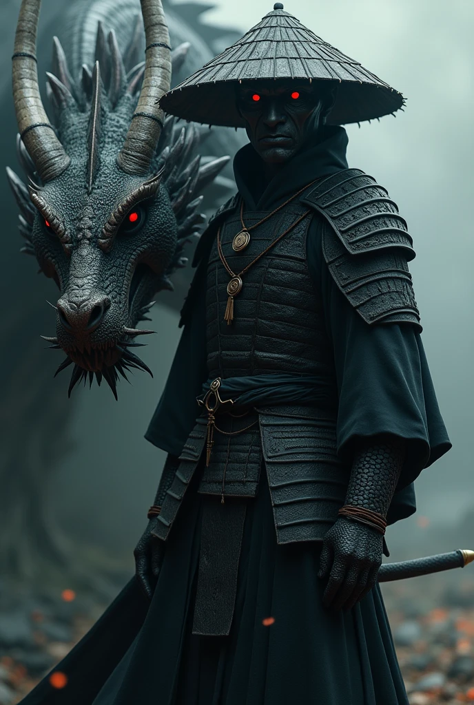 Dark samurai with hat ,with red eyes next to a dragon