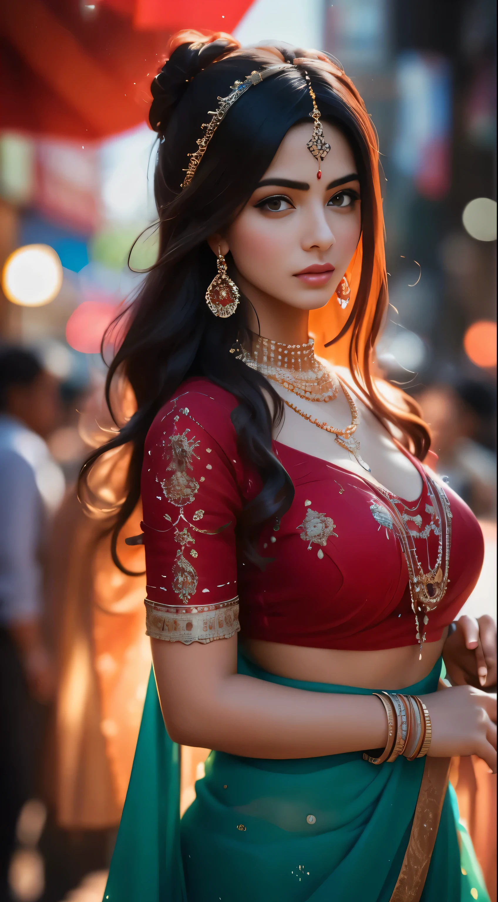 In the bustling streets of a vibrant Indian city, amidst the kaleidoscope of colors and scents, a woman (((Anne Hathaway: Selena Gomez:0.6))) clad in a vibrant red saree and a black blouse becomes an ethereal sight that captivates all who lay eyes upon her. Her undeniable beauty transcends time and space, leaving onlookers spellbound.
Describe the scene as the woman, with her graceful presence, glides through a crowded marketplace, where merchants and shoppers pause to admire her radiance. Decorate the street with lights and candlee, The atmosphere is alive with whispers as her mesmerizing allure evokes a sense of awe and admiration. Fire works behind
Embark on a journey to reveal the woman’s story—her name, her background, her passions—and the reasons behind her choice of attire. Explore her persona, intertwining elements of mystery and allure, as people speculate on the secrets hiding behind her enchanting gaze.
Incorporate the sights, sounds, and emotions that surround this extraordinary woman, as she navigates through the city’s vibrant tapestry. Whether it be the scent of freshly ground spices, the distant sound of temple bells, or the intricate henna designs adorning her hands, immerse the reader in the sensory experience of this captivating moment.
As the story unfolds, her path intertwines with that of a curious photographer who becomes determined to capture her undeniable beauty in a single photograph. Describe their encounters, the photographer’s attempts to understand her story, and the profound impact this woman’s presence has on his own life.(Blur Background:1.6), (Blue Hue:0.8), (Auto focus:1.4)