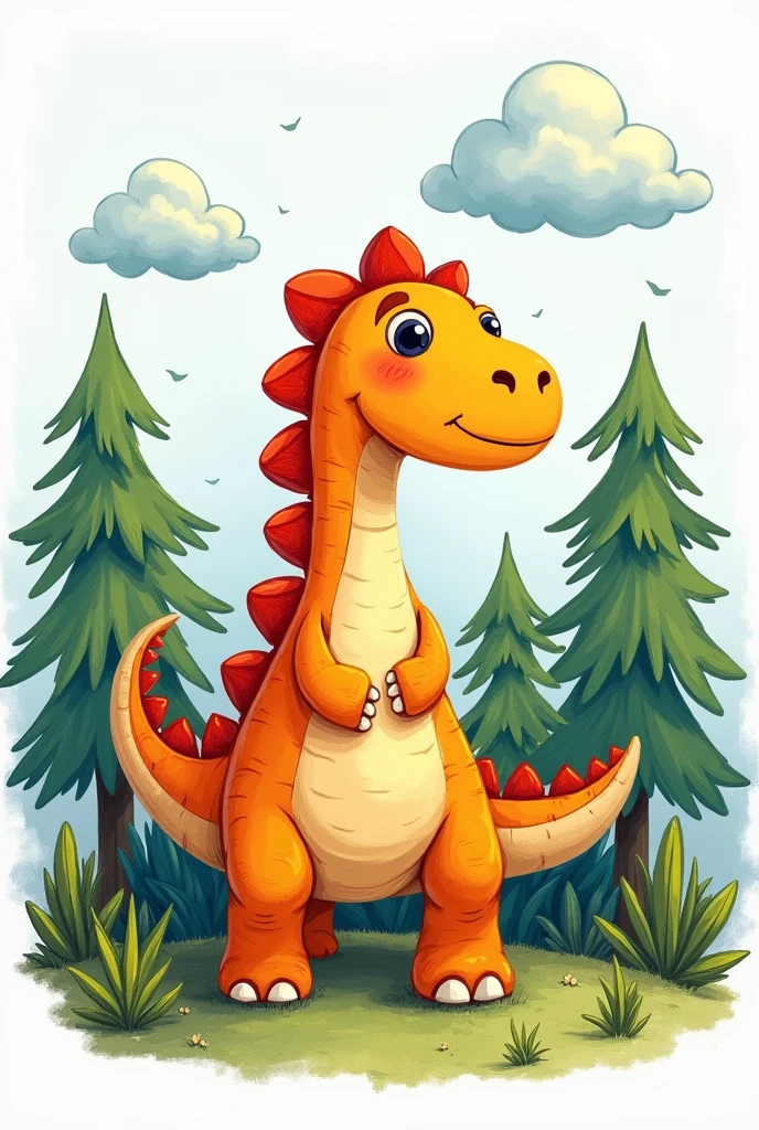 COLORFUL DRAWING OF CUTE DINOSAUR WITH TREES IN THE BACKGROUND and clouds