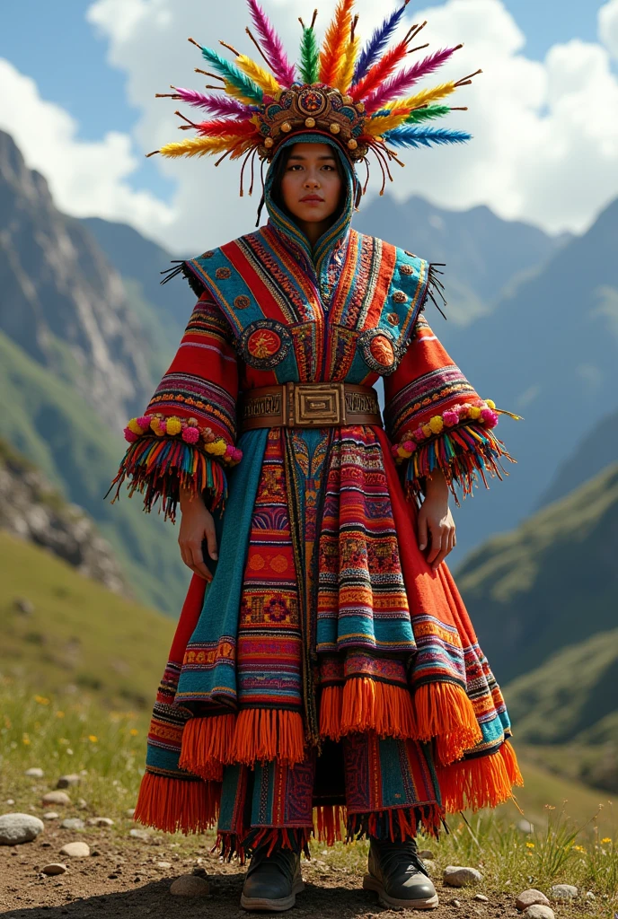 Create an image of a typical costume made with recycled materials inspired by Bolivia 
