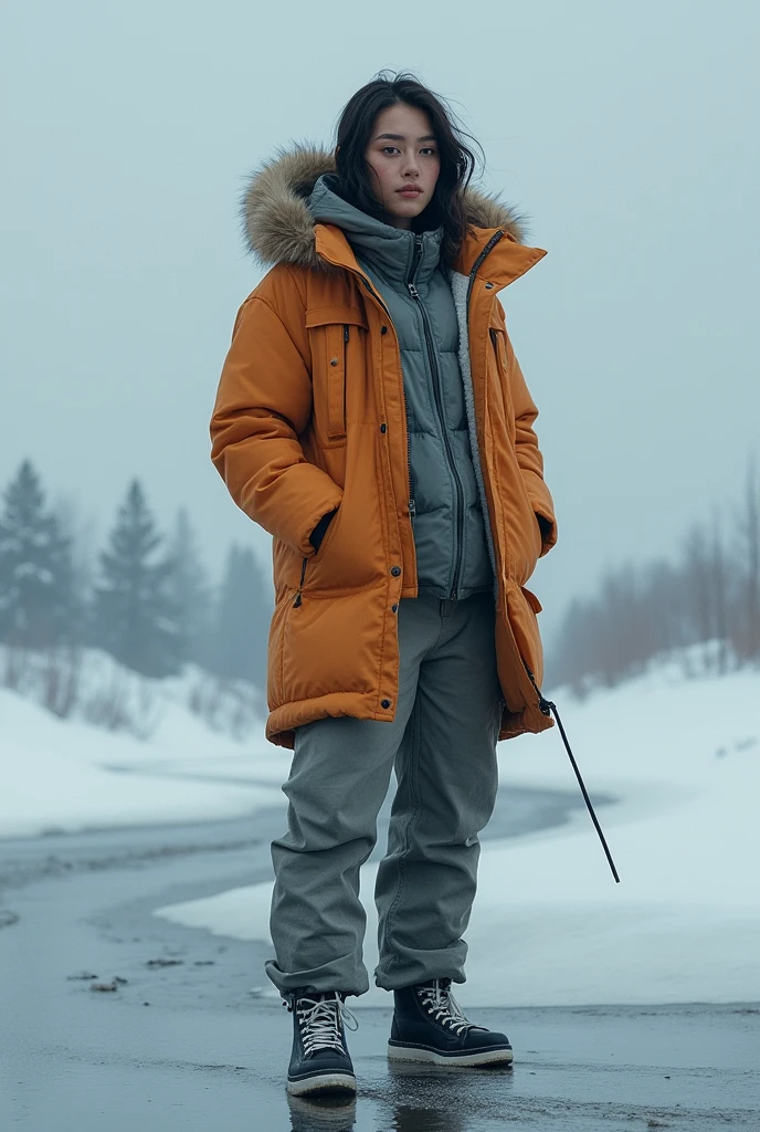 Water contamination : in winter, The buildup of contaminants such as salts and chemicals in water due to melting ice can affect water quality and aquatic ecosystems.. create a person posing as a rare model with clothes inspired by hym is also this full body