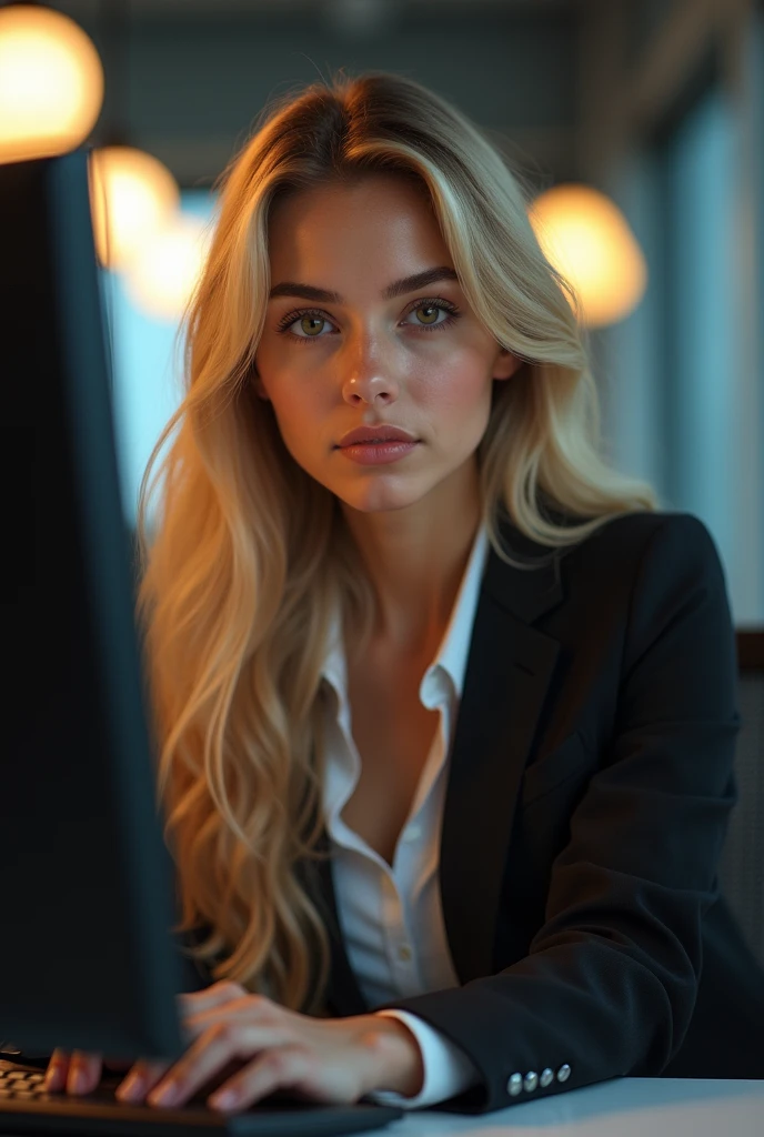a beautiful girl with long blonde hair, detailed eyes, nose, and lips, wearing professional outfit, siting in her office, using her computer, hp comuter (best quality,4k,8k,highres,masterpiece:1.2),ultra-detailed,(realistic,photorealistic,photo-realistic:1.37),HDR,studio lighting,extremely detailed face and body, portrait,cinematic lighting,dramatic lighting,warm color tones,dramatic colors