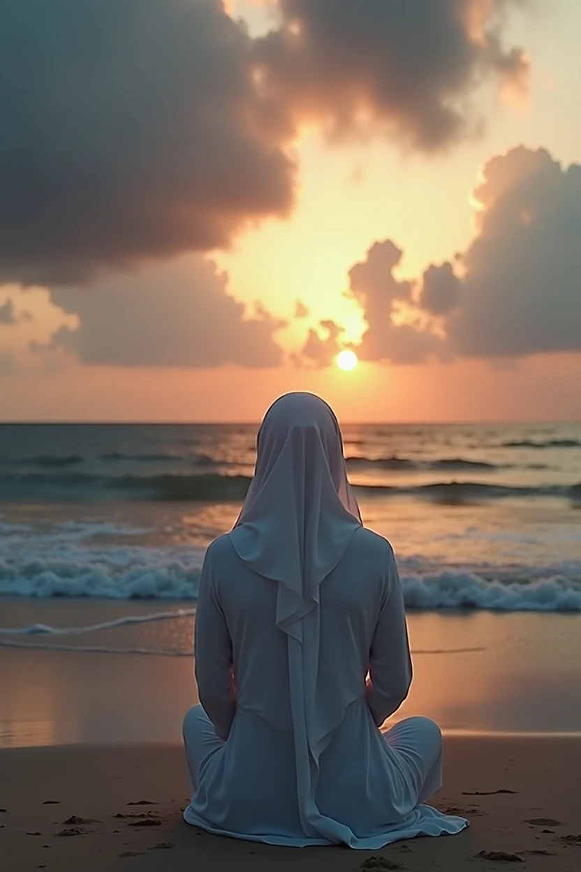 
"A highly realistic 8K image of a woman in a white hijab and flowing white dress, seen from behind, sitting alone on a deserted beach at sunset. Her slightly hunched posture conveys deep sadness as she gazes at the sun slowly sinking below the horizon. The sky is a richly detailed blend of muted oranges, pinks, and deep purples, with dark, lifelike clouds gathering in the distance, signaling an approaching storm. The waves gently lap at the shore, each ripple and reflection captured in stunning clarity, yet the sound seems distant and hollow. The soft glow of the last light of day illuminates her dress and hijab, creating a delicate contrast with the heavy, sorrowful atmosphere surrounding her. View more wide"