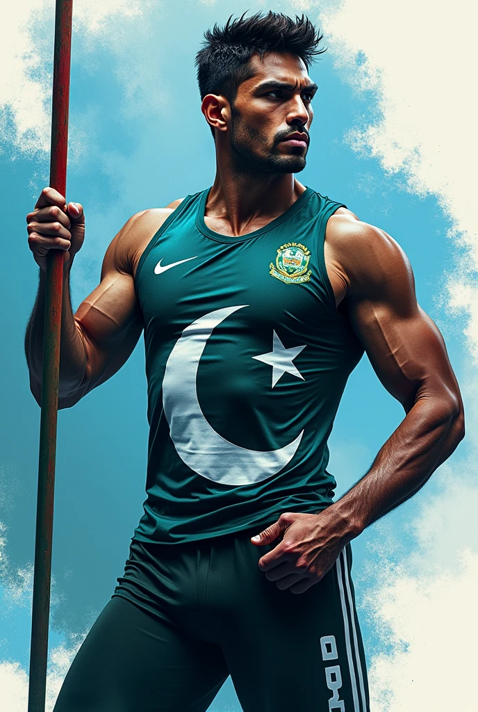 I want a post of 50×50 inch. The post must include arshad nadeem's pic who currently wins gold in javelin throw in paris olympics 2024. Mention his record throw 92.97 must be mentioned in bold. Mentions pakistan's logo in his sando and make a real post of colour theme black and sky blue. The face must be of ARSHAD NADEEM