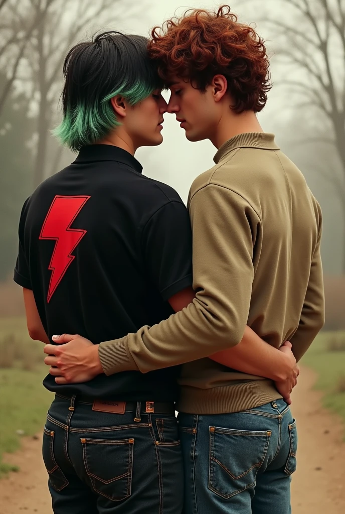 Two guys holding hands seen from the back one of them has black shoulderlong hair with light green ends wearing a black jeans and a shirt with a red lightning printed on the back the other guy has dark natural red short curls and is a bit taller wearing a normal jeans and a whole sweater the picture was took in 1987