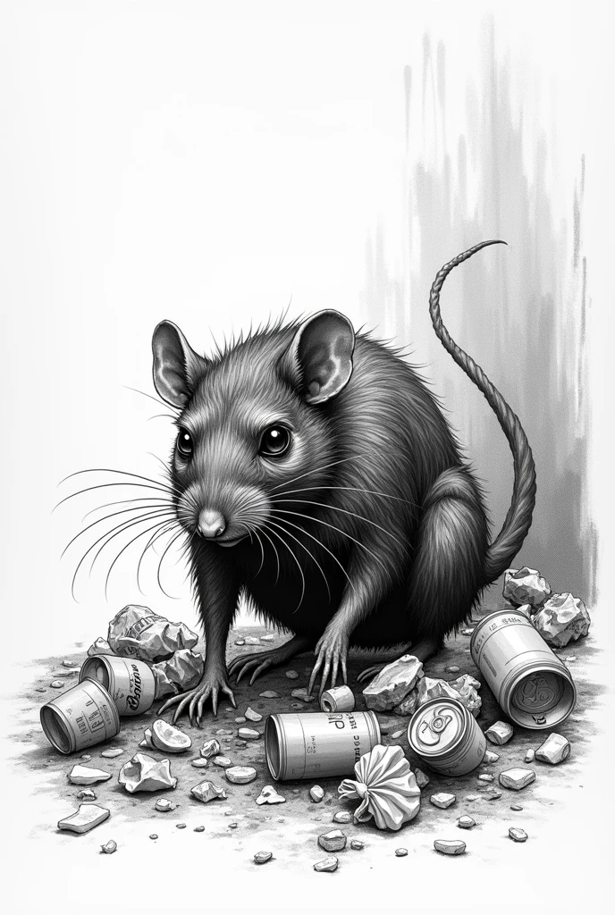 Create a realistic sketch of a hungry, ragged rat rummaging through trash in black and white pointillism 