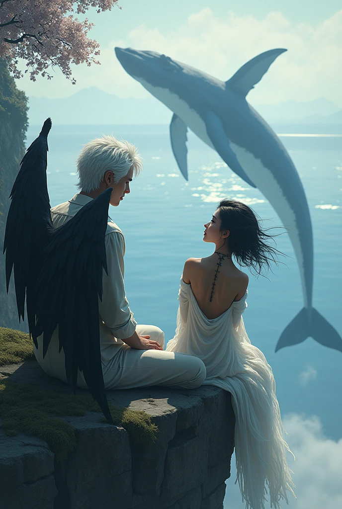 A white-haired male character is sitting on a cliff watching an ISEKAI world in the distance which has a lake in the center with a winged whale in full jump. Next to him a woman with white hair and black wings looks at him with love. The girl has red eyes and is very beautiful. 