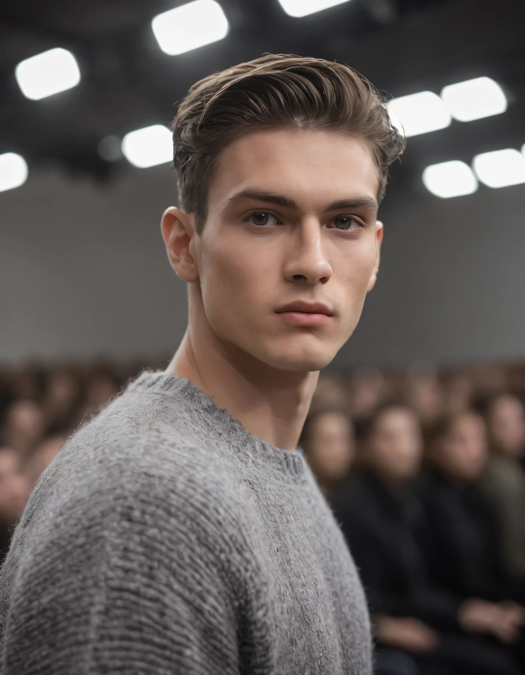 A photo of one (fashion catwalk male model:1.3), (gray knit sweater:1.2), amidst a blur of audience, (fierce gaze:1.1), striking posture, high fashion atmosphere, reflective textures (confidence on the catwalk:1.1), (soft natural makeup:1.1), subtle spotlight, Nikon Z 9, 1/0s, f/2.8, ISO 100, (Sharp focus in the foreground:1.2), nblurry background, Captura RAW, monochromatic color scheme with a hint of skin tone, Professional fashion photography
