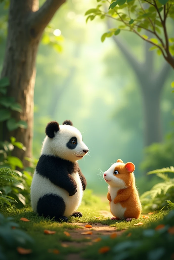 Panda and guinea pig looking at each other in a forest 