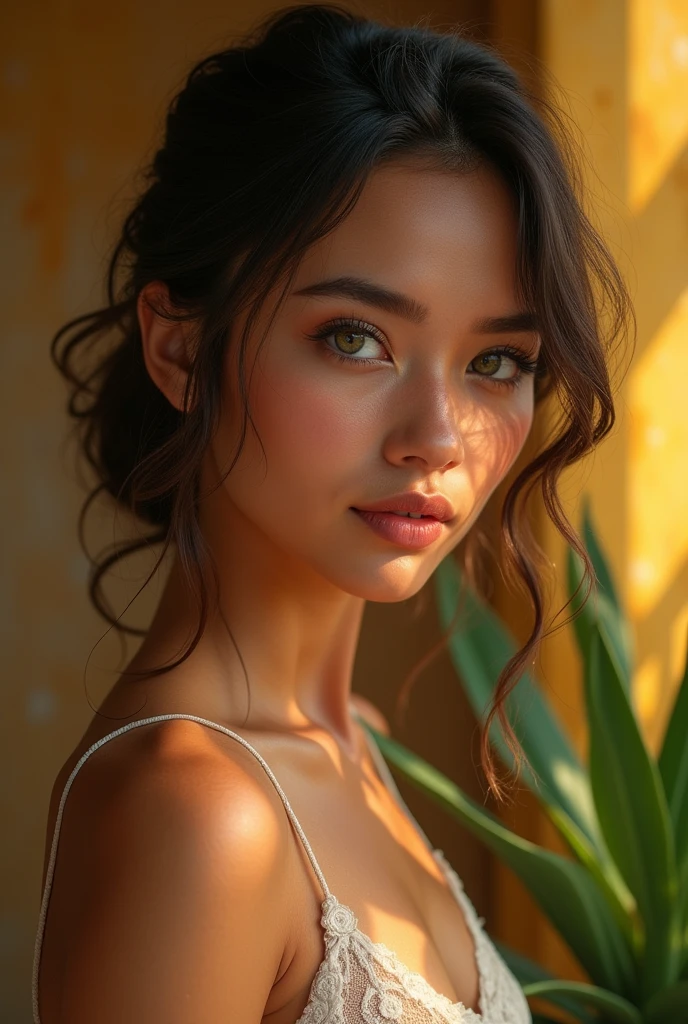 Create an artificial Colombian woman with a beautiful round face and green eyes, very pretty and thin profile