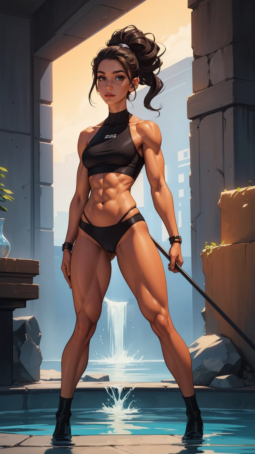 nfsw, (((look like Louise Maraval))), six pack abs, incredible muscled veiny arms, skinny biceps and pec, full body view, skinny morph, ultra veiny, girl skinny, skinny woman, massive skinny, slim body, ultraveins arms, vascular, shredded, ripped, ultra detailed, feathered muscle, visible muscle fibers, tiny waist, cute face girl, extremely skinny, vein nets, steroids, soft girl, masterpiece, She is flexing vascular muscular arms. ((Full body picture)), Perfect body, her abs are fully popping out, Bulging abs, perfect round abs, She is flexing vascular fit arms. , thin waist, slim hips, standing out against the deep blue of the pool. Her fair skin is dotted with freckles, which are highlighted by the subtle pool lighting. Her hair is neatly pulled back into a bun or high ponytail to keep it out of her way as she swims. Her expression reflects both concentration and slight apprehension, as she is alert to a suspicious noise in the otherwise quiet, moonlit night. 