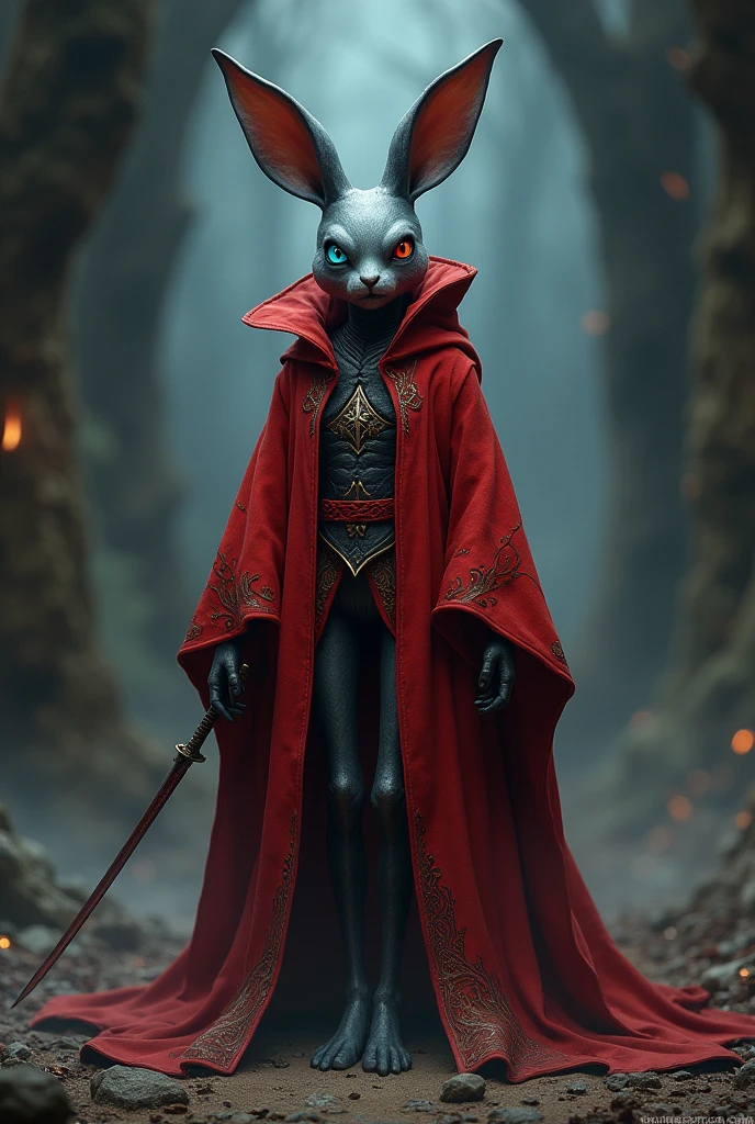 DND Harengon bunny kin warlock rogue with mismatched eyes, wearing red necromantic robe 