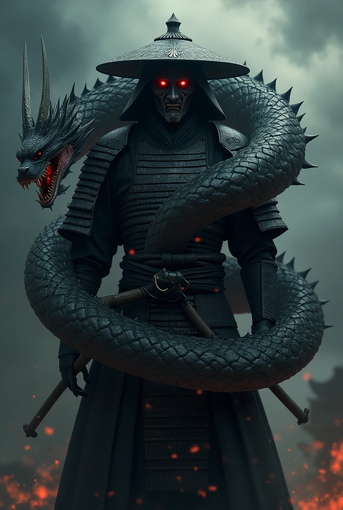 Dark samurai with hat ,with red eyes along with a macabre mask and a dragon 