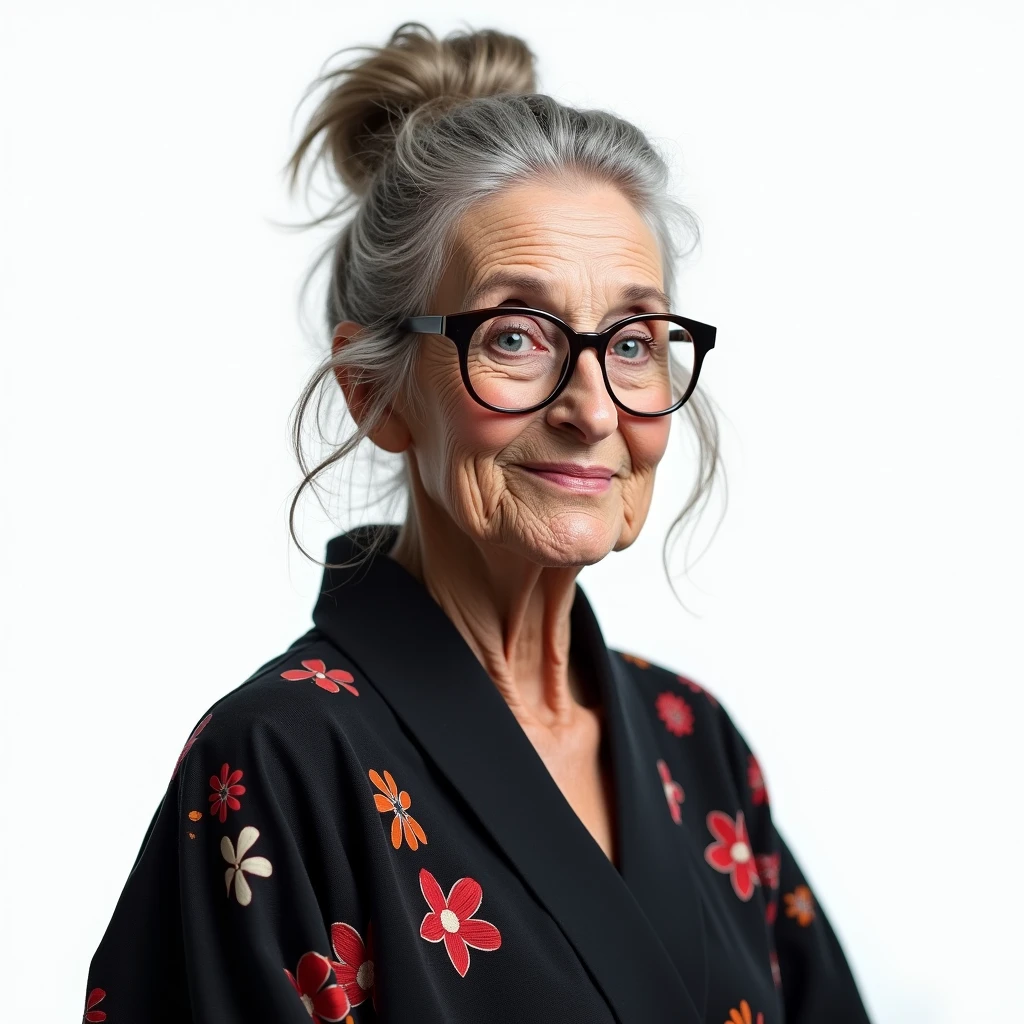 old woman, beautiful, grey hair, messy updo bun, blue eyes, baggy eyes, he would be, glasses, black kimono, floral, sustained front view, Whole body, White background,
