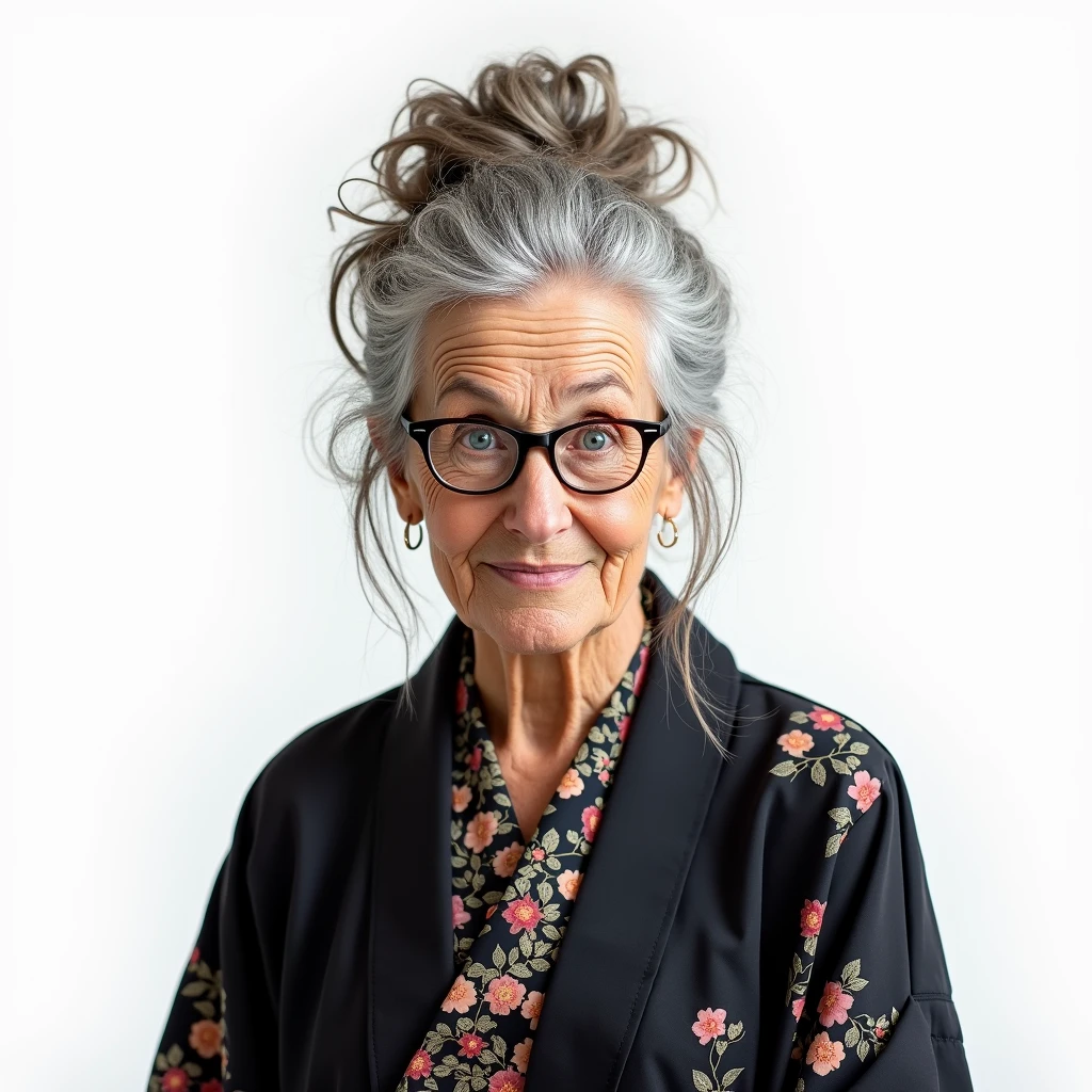 old woman, beautiful, grey hair, messy updo bun, blue eyes, baggy eyes, he would be, glasses, black kimono, floral, sustained front view, Whole body, White background,