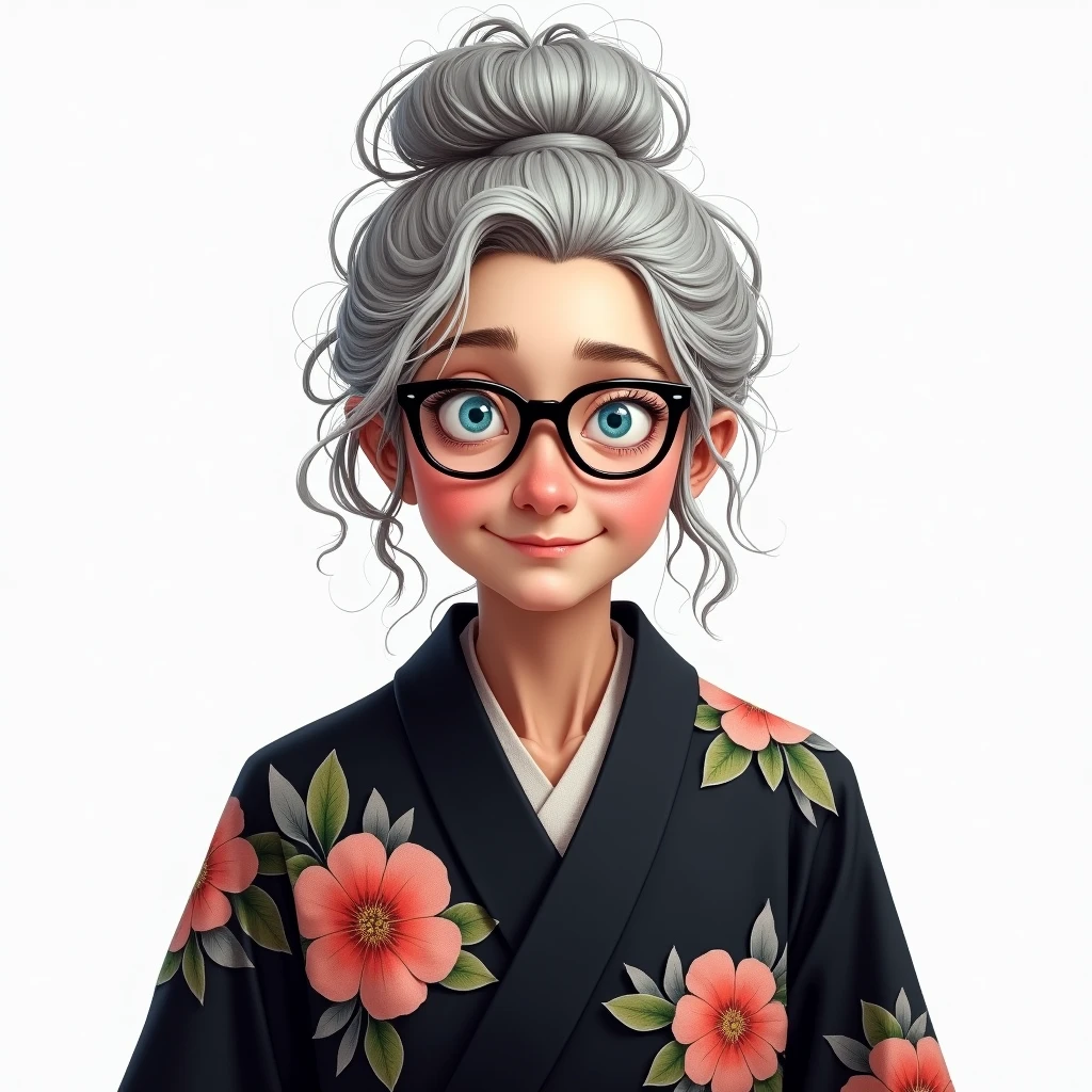 old woman, beautiful, grey hair, messy updo bun, blue eyes, baggy eyes, he would be, glasses, black kimono, floral, sustained front view, Whole body, White background,