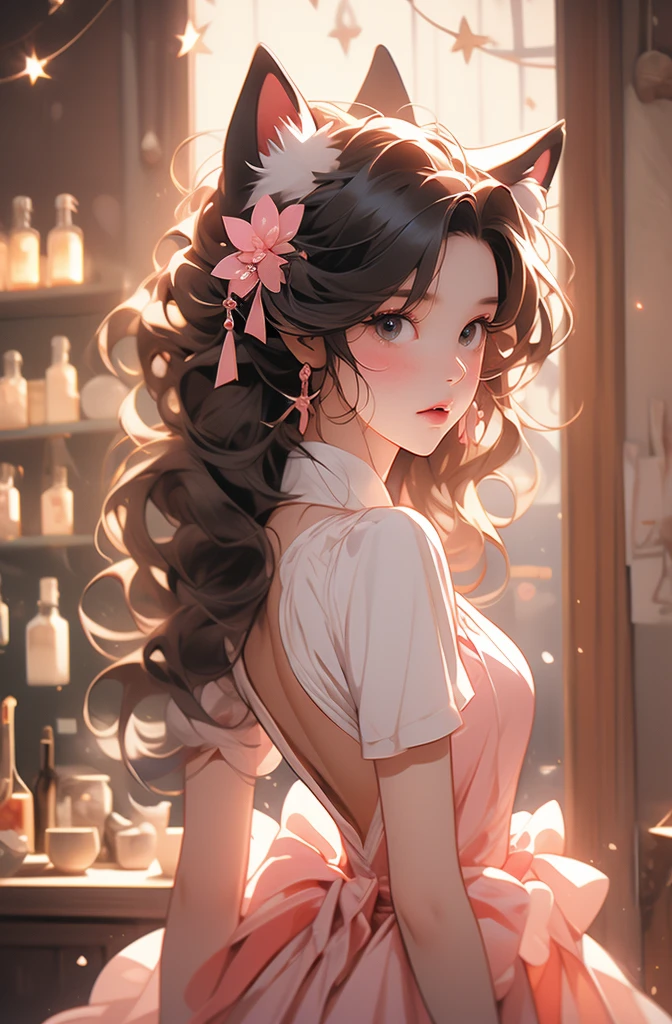 there is a woman in a pink dress and a cat ears costume, anime girl Cosplay, Charming cat girl, Very Beautiful Anime Cat Girl, nekomimi, Very beautiful cute cat girl, anime Cosplay, Cat ears anime girl, Pink Fox, White cat lady, Cosplay, Cosplay of a catboy! maid! dress, kemonomimi, Anime cat girl、coffee shop、　tea shop、　blurry background、　fantasy background、Standing、　Sexy pose、((Put your finger on your lips))、Focus on the face、Upper Body、Back view、look back