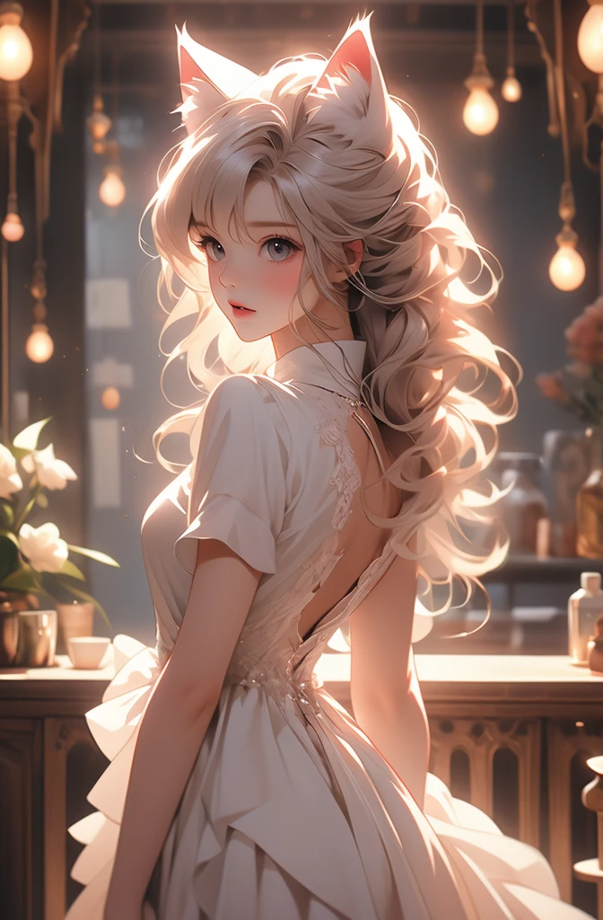 there is a woman in a pink dress and a cat ears costume, anime girl Cosplay, Charming cat girl, Very Beautiful Anime Cat Girl, nekomimi, Very beautiful cute cat girl, anime Cosplay, Cat ears anime girl, Pink Fox, White cat lady, Cosplay, Cosplay of a catboy! maid! dress, kemonomimi, Anime cat girl、coffee shop、 tea shop、 blurry background、 fantasy background、Standing、 Sexy pose、((Put your finger on your lips))、Focus on the face、Upper Body、Back view、look back