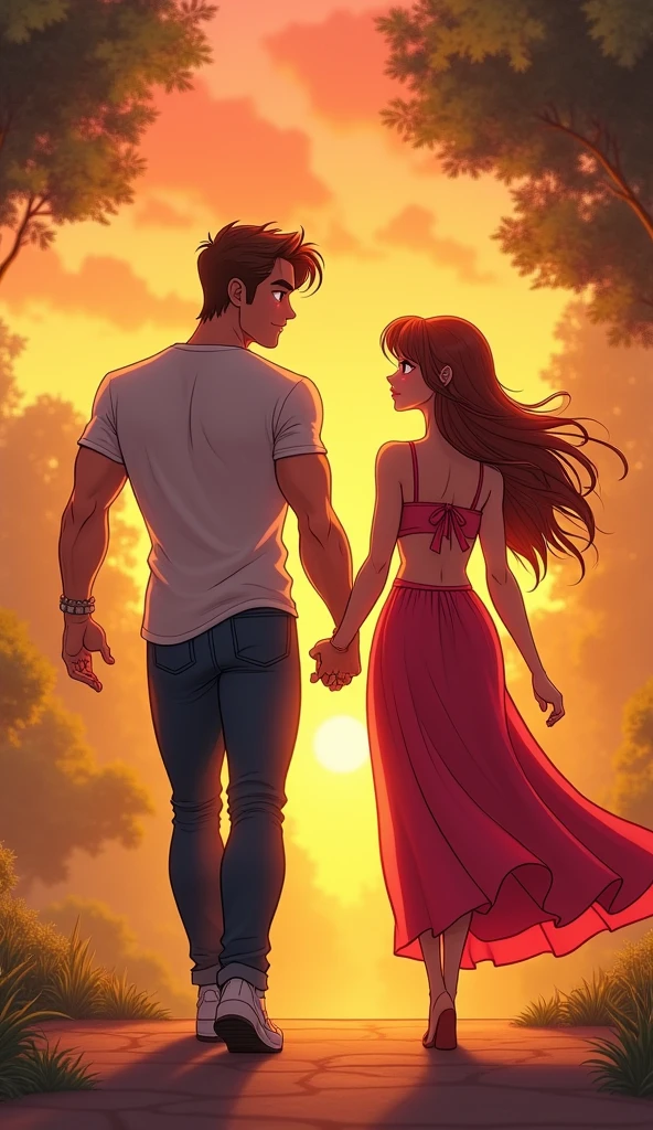 The couple walks hand in hand in a scenic park during sunset. Jacob, standing tall at 7 feet, is dressed in vibrant, well-fitted casual attire, his animated realistic form showing his muscular build. Lilly, at 6 feet, has her Western-style hair flowing, her red eyes glowing with love, and her muscular yet feminine body shown in a surrealistically animated, vibrant cut-slip dress. The background has a surrealistic, anime-inspired glow, highlighting their deepening love.