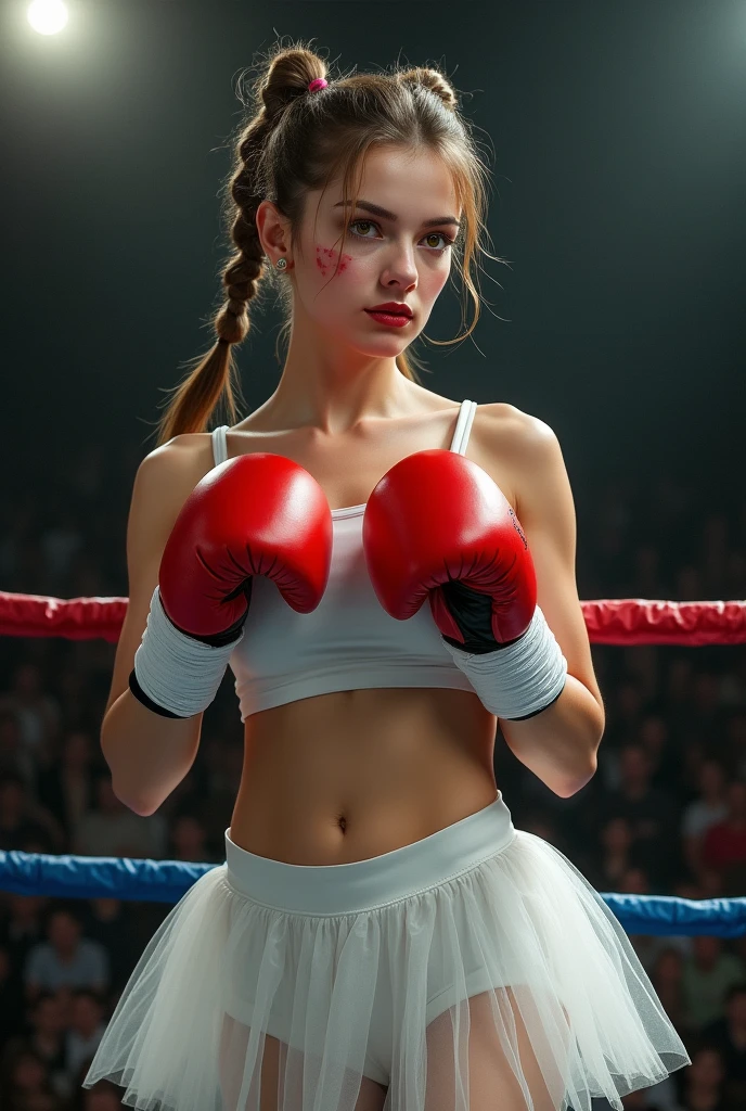 Female ballerina in white tutu and red boxing gloves, standing in a boxer's stance in the ring, a serious look from under the forehead, slightly swollen from blows, hyperrealistic painting, Daryusha Shokof, shutterstock winner, hq 4k phone wallpaper, mobile wallpaper, strong bokeh, twintails white_gloves, sports, cinematic dark lighting, cartoon digital painting, marketing photo, Anna Nikonova aka newmilky, white fist bandage --ar 3:5