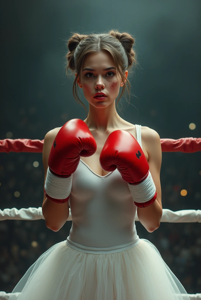 Female ballerina in white tutu and red boxing gloves, standing in a boxer's stance in the ring, a serious look from under the forehead, slightly swollen from blows, hyperrealistic painting, Daryusha Shokof, shutterstock winner, hq 4k phone wallpaper, mobile wallpaper, strong bokeh, twintails white_gloves, sports, cinematic dark lighting, cartoon digital painting, marketing photo, Anna Nikonova aka newmilky, white fist bandage --ar 3:5