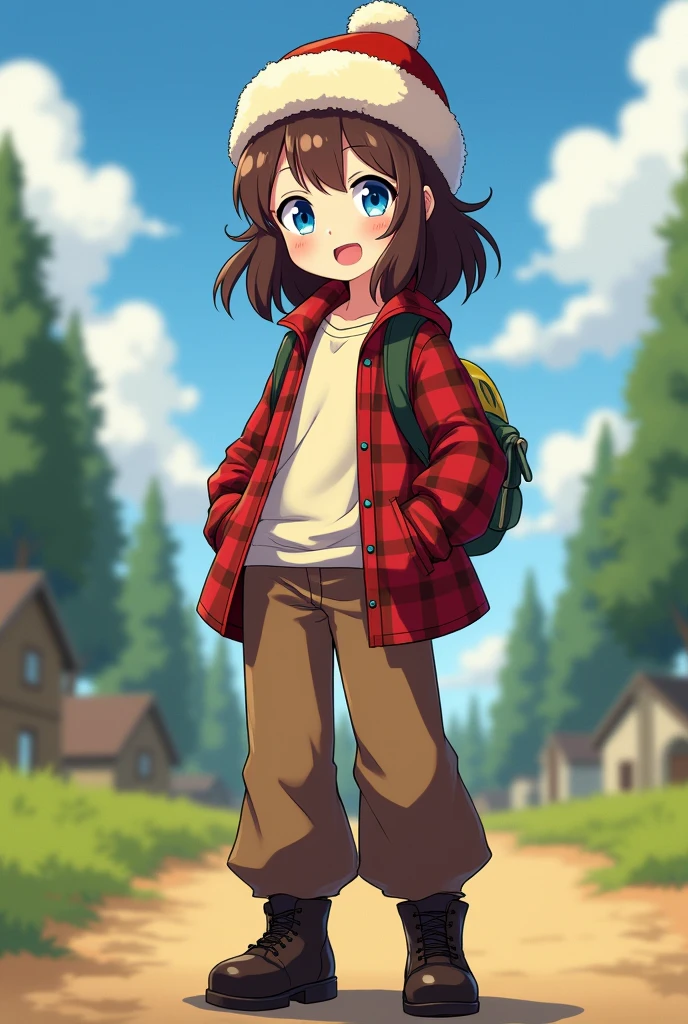 A young, slender girl, around , with an open and friendly expression. She wears dark boots and wide pants, giving her a slightly casual but confident look. She's dressed in an unbuttoned checkered shirt, underneath which she has a light-colored t-shirt. Her fluffy brown hair is slightly tousled, falling on her shoulders and peeking out from under a ushanka hat, adding a playful touch to her appearance. Her bright blue eyes sparkle with joy and optimism, reflecting her cheerful nature and inner strength. In the ushanka, she looks stylish and cozy in her own way, as if ready for any adventure that life in the countryside might bring. In anime style
