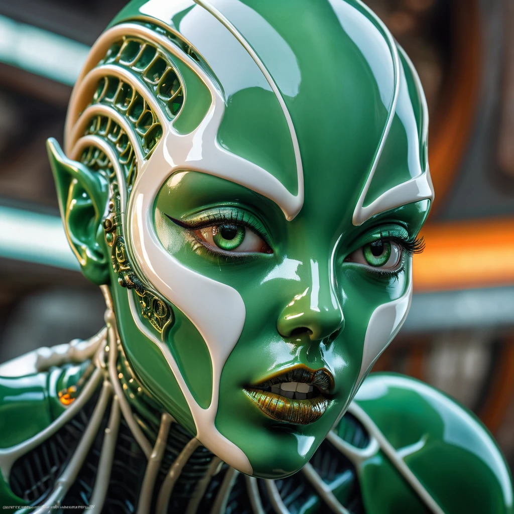 Striking hyperrealistic Glossy Carved green-white porcelain cyborg-alien, stunning face upturned, charming mouth semi-opened, orthodontic apparel, perfect features, bald, beautiful amber-orange piping, high detailed cinematic background , H.R.Giger, Miki Asai Macro photography, close-up, hyper detailed, trending on artstation, sharp focus, studio photo, intricate details, highly detailed, by greg rutkowski, hyper-maximalism, beautiful voronoi pattern, hyper-detailed, sharp focus, HDR, 16k