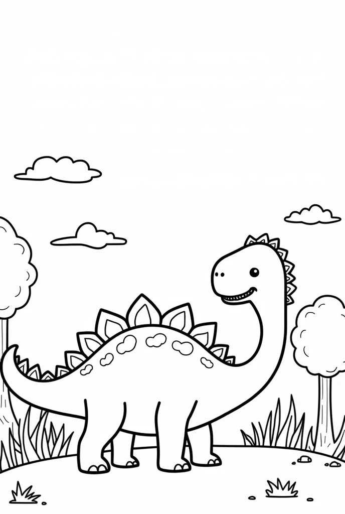 COLOR DRAWING OF CUTE DINOSAUR WITH TREES IN THE BACKGROUND and clouds, with a text written "DINOSAUR COLORING BOOK" at the top of the image