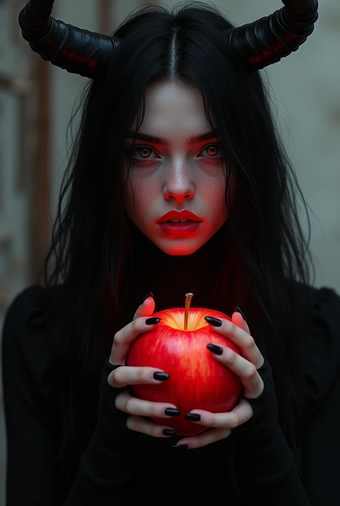((RAW Photo), absurd, (absurdresolution)), masterpiece, best quality, (Extremely detailed 8k unity CG wallpaper), (best illustration), (best shadow), Realistic lighting, beautiful detailed glow, ((21 years old)), girl, long black hair, black queen, accessories, apple in hand, poisoned apples, witch queen, red lipstick, (((Photographic Perspective of her)))