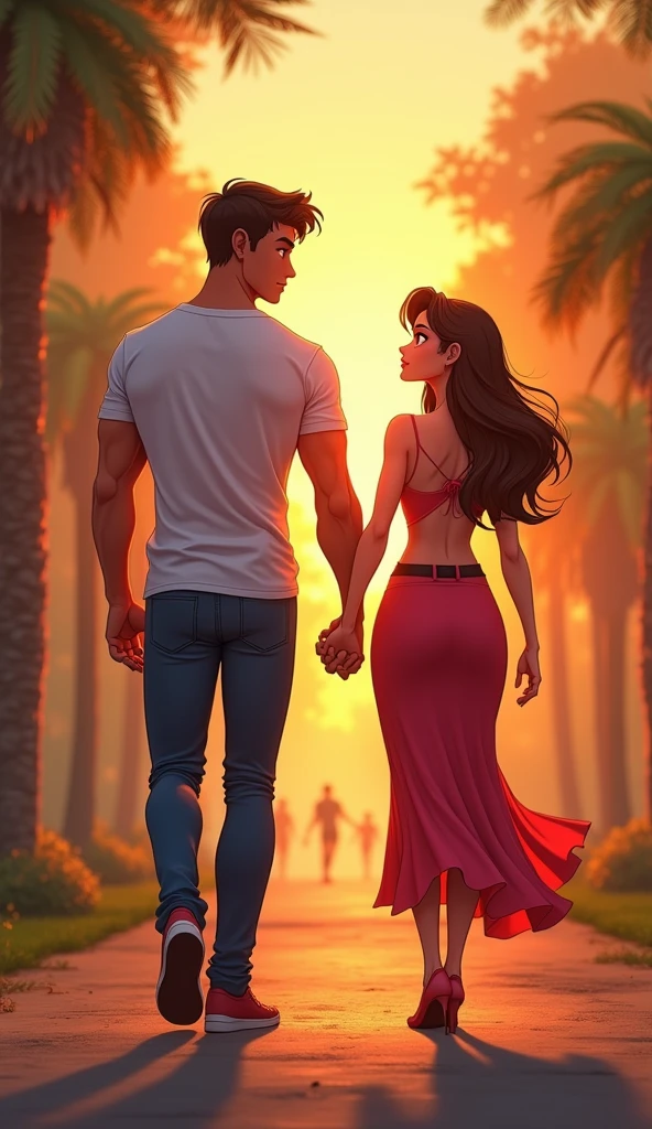 The couple walks hand in hand in a scenic park during sunset. Jacob, standing tall at 7 feet, is dressed in vibrant, well-fitted casual attire, his animated realistic form showing his muscular build. Lilly, at 6 feet, has her Western-style hair flowing, her red eyes glowing with love, and her muscular yet feminine body shown in a surrealistically animated, vibrant cut-slip dress. The background has a surrealistic, anime-inspired glow, highlighting their deepening love.