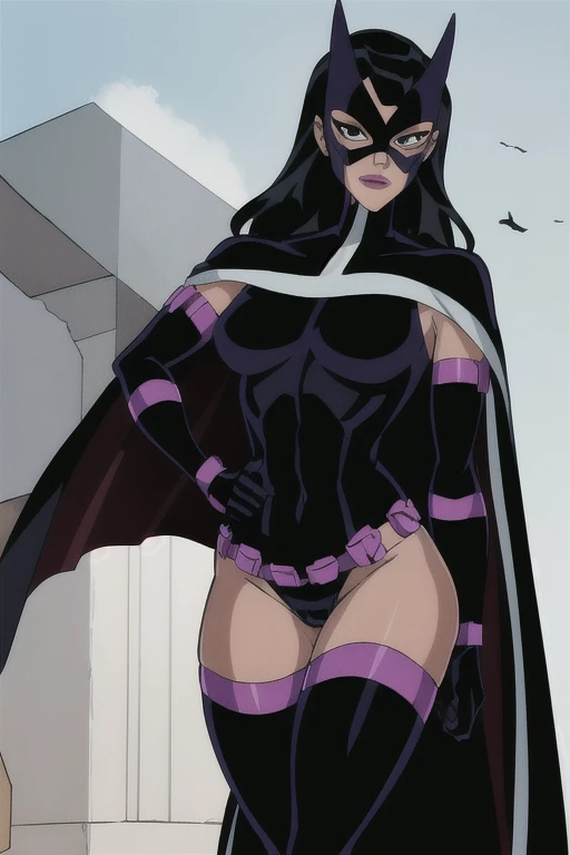 Huntress_JLU, cape, long cape, black hair, long hair, mask, solo, Masterpiece, gloves, black thighs, Best Quality, black eyes, Detail, bodysuit