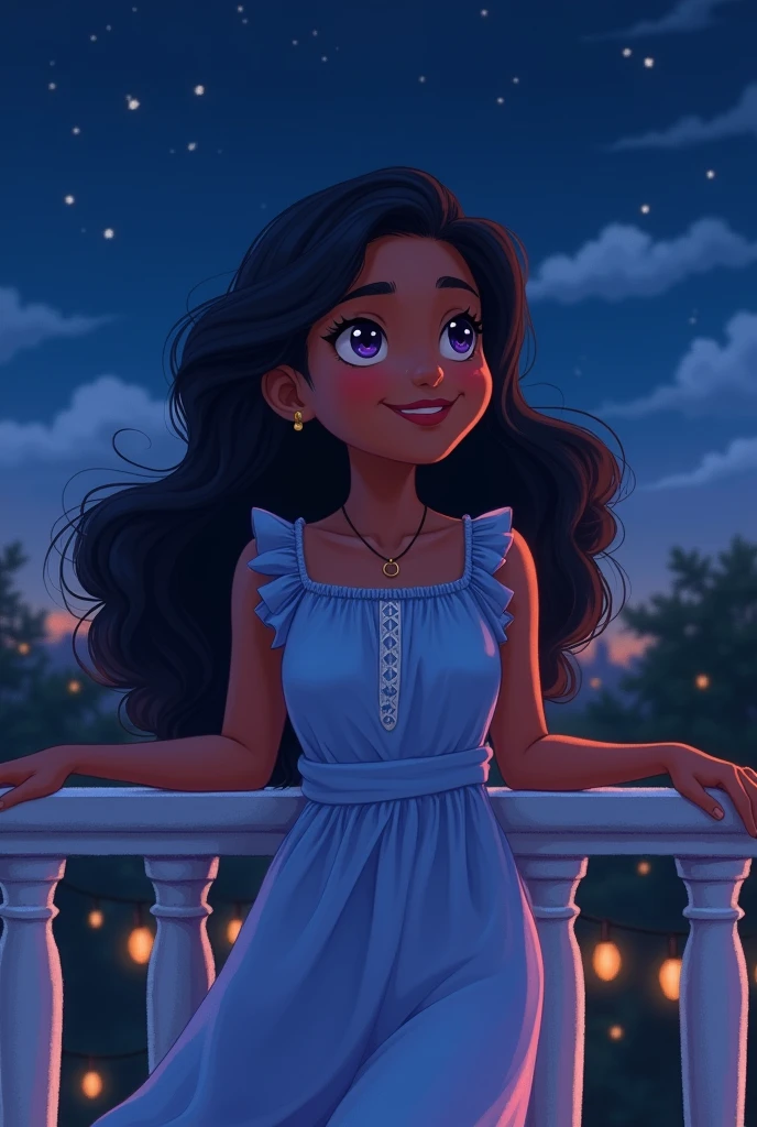 A 17 year old dark skinned girl with beautiful purple eyes, Wavy black hair that reaches to her waist, She is wearing a light blue dress with white accents and is standing on a balcony smiling., while looking at the stars at night