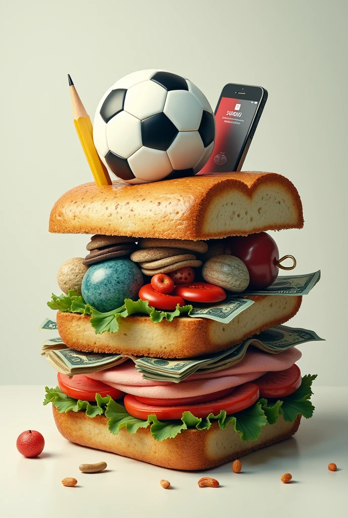 a sandwich with a soccer ball, a pencil, a dollar bill, an iphone, and a soda can inside the sandwich 