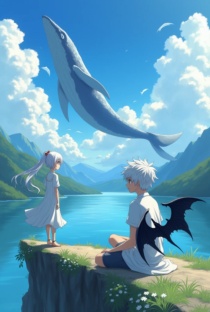 A white-haired male character is sitting on a cliff watching an ISEKAI world in the distance which has a lake in the center with a whale with wings in full jump. Next to him a woman with white hair and black wings looks at him with love. The girl has red eyes and is very beautiful. The design must be anime style. Both are young.