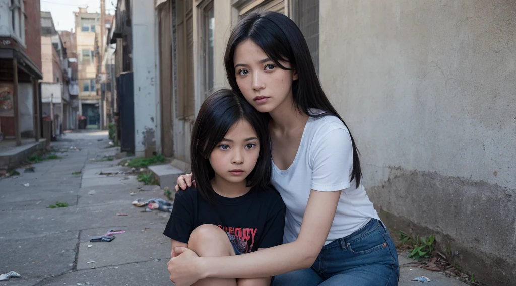 Real professional photography of a mother (30-35 years old) and her daughter (8 years old) as the main subjects. Both have vibrant blue eyes and long, messy black hair. Sitting together on a cracked sidewalk in a rundown urban environment, the mother protectively hugs her daughter. Beautiful, well-defined faces, with natural skin imperfections and subtle dark circles, looking directly at the camera with complex expressions of sadness and vulnerability. The mother looks visibly older, with subtle signs of age and stress. They wear worn, simple clothes: the mother wears a faded T-shirt and ripped jeans, the daughter a simple, dirty dress. Soft, natural lighting from the left, highlighting the blue eyes and creating subtle shadows. The blurred background shows a degraded urban landscape: faded graffiti, garbage, an abandoned building with broken windows. Cold, desaturated color palette. High resolution, professional photographic quality, attention to detail to convey the realism of street life. 8k rendering, extreme detail, realistic portrait.