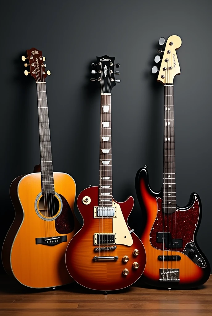 Create an image that has the following musical instruments: acoustic guitar, guitar eletric, piano, and electric bass formato da foto horizontal