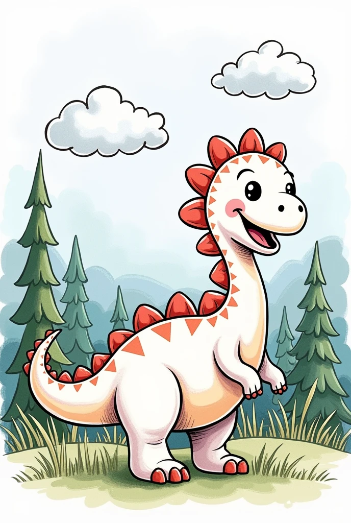 COLOR DRAWING OF CUTE DINOSAUR WITH TREES IN THE BACKGROUND and clouds