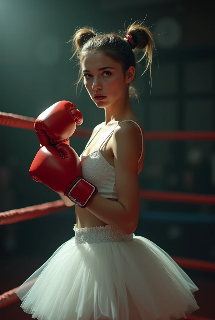 Female ballerina in white tutu and red boxing gloves, standing in a boxer's stance in the ring, a serious look from under the forehead, slightly swollen from blows, hyperrealistic painting, Daryusha Shokof, shutterstock winner, hq 4k phone wallpaper, mobile wallpaper, strong bokeh, twintails white_gloves, sports, cinematic dark lighting, cartoon digital painting, marketing photo, Anna Nikonova aka newmilky, white fist bandage --ar 3:5
