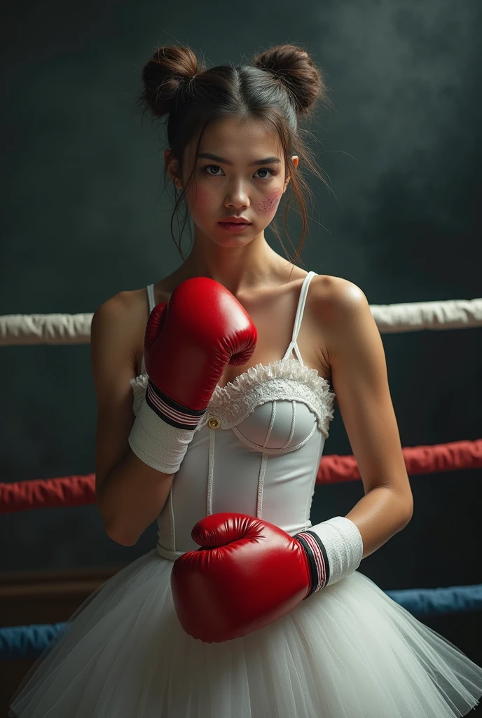 Female ballerina in white tutu and red boxing gloves, standing in a boxer's stance in the ring, a serious look from under the forehead, slightly swollen from blows, hyperrealistic painting, Daryusha Shokof, shutterstock winner, hq 4k phone wallpaper, mobile wallpaper, strong bokeh, twintails white_gloves, sports, cinematic dark lighting, cartoon digital painting, marketing photo, Anna Nikonova aka newmilky, white fist bandage --ar 3:5