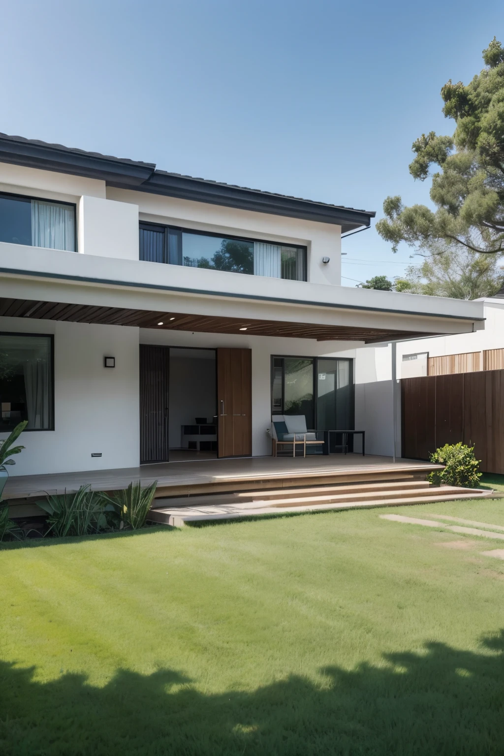 Front photo of a simple and modern Brazilian house, valued between 100 and 200 thousand reais. The house must have shades of gray, a front yard with green grass and a simple garden. The style of the house is contemporary, with straight lines, flat roof, large glass windows, and a wooden door. The lighting is natural, during daytime, and the composition is centered on the house and should show the entire house .