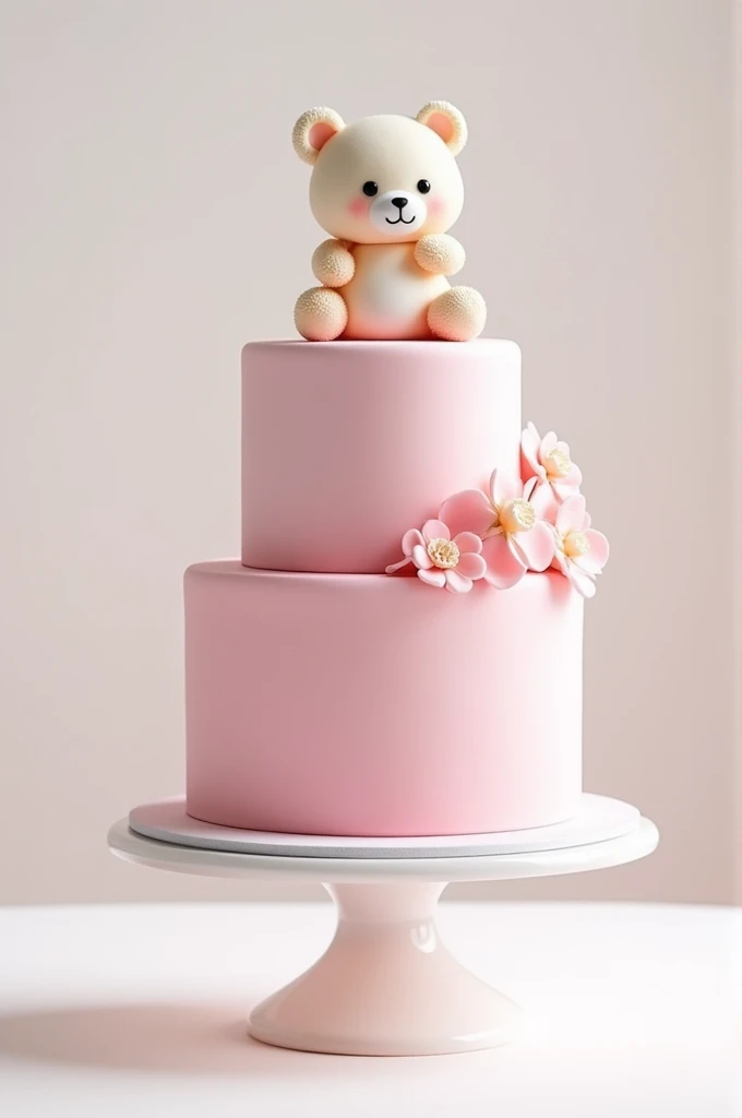 Realistic two tier pink cake,There is a cute bear on the top tier. on a white background, on a stylish stand.