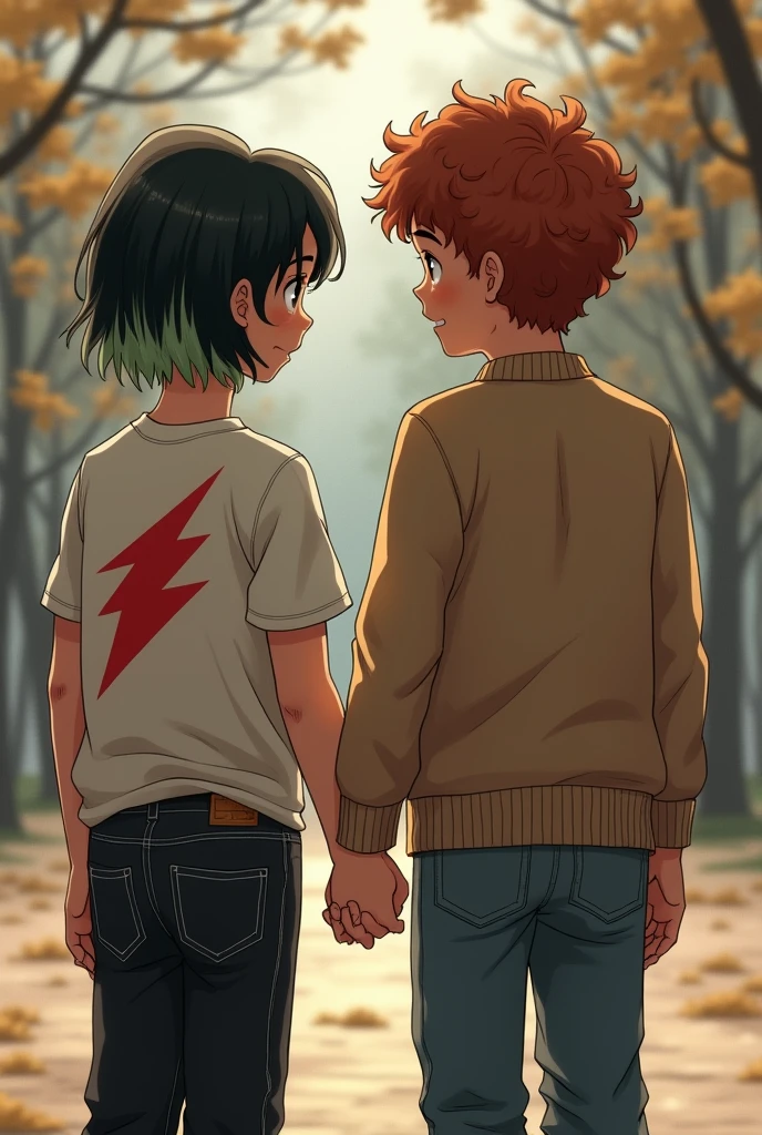 Two guys about 14 years old holding hands seen from the back one of them has black shoulderlong hair with light green ends wearing a black jeans and a shirt with a red lightning printed on the back the other guy has dark natural red short curls and is a bit taller wearing a normal jeans and a whole sweater the picture was took in 1987