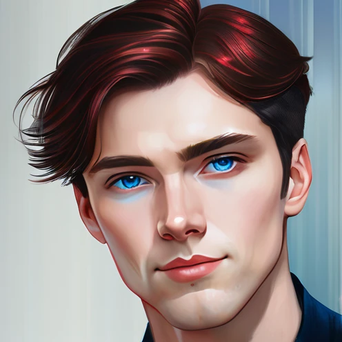 white skinned man, short red hair, blue eyes, and with Russian nationality